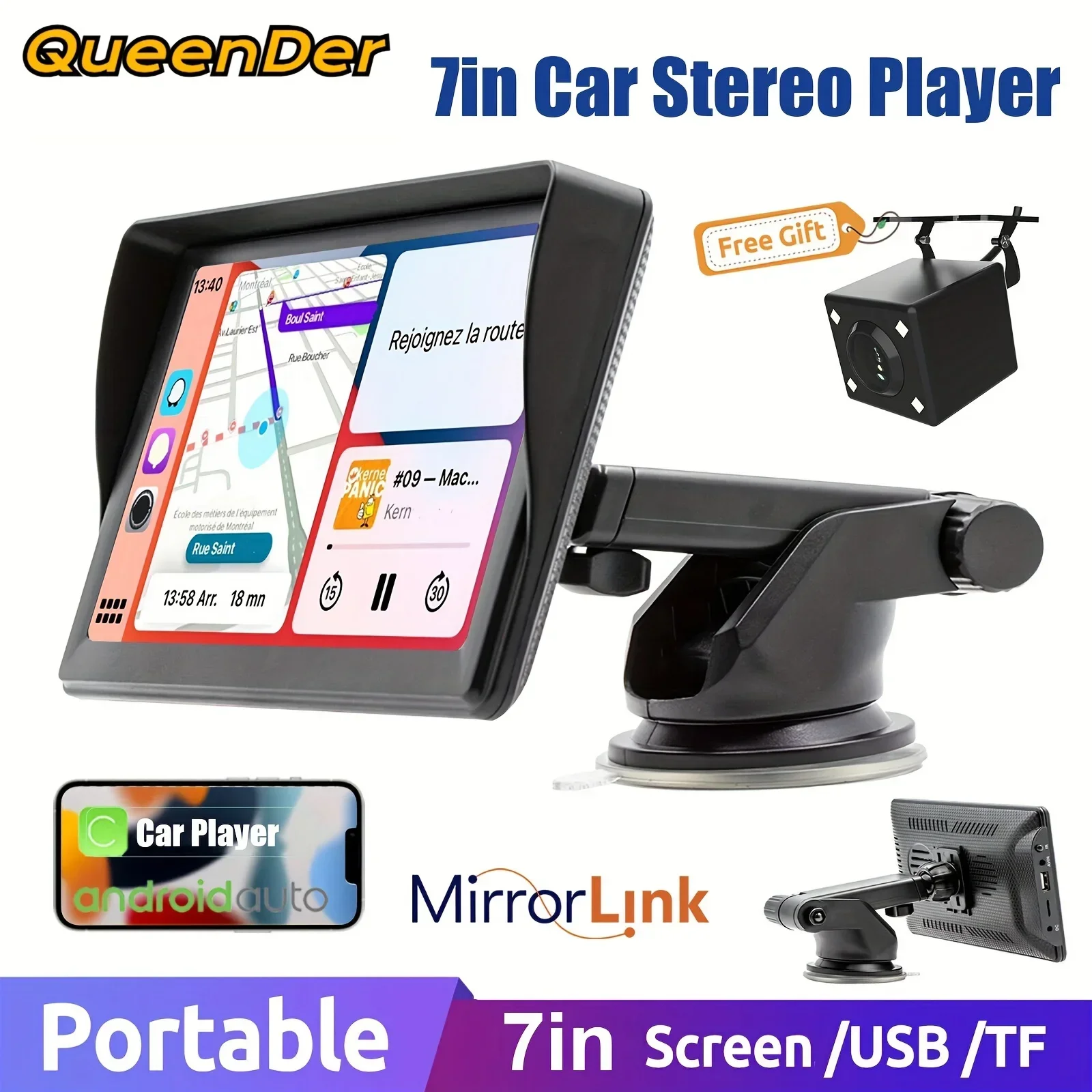 مشغل الوسائط المتعددة CarPlay/Android Auto بشاشة تعمل باللمس مقاس 7 بوصات - FM، وصلة مرآة لجميع المركبات