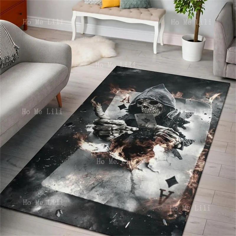 3D Horror Skull Burning Playing Cards Square A  Fire Ghost Out Hat Skeleton Magician Prints Flannel Floor Rugs Carpet Decor