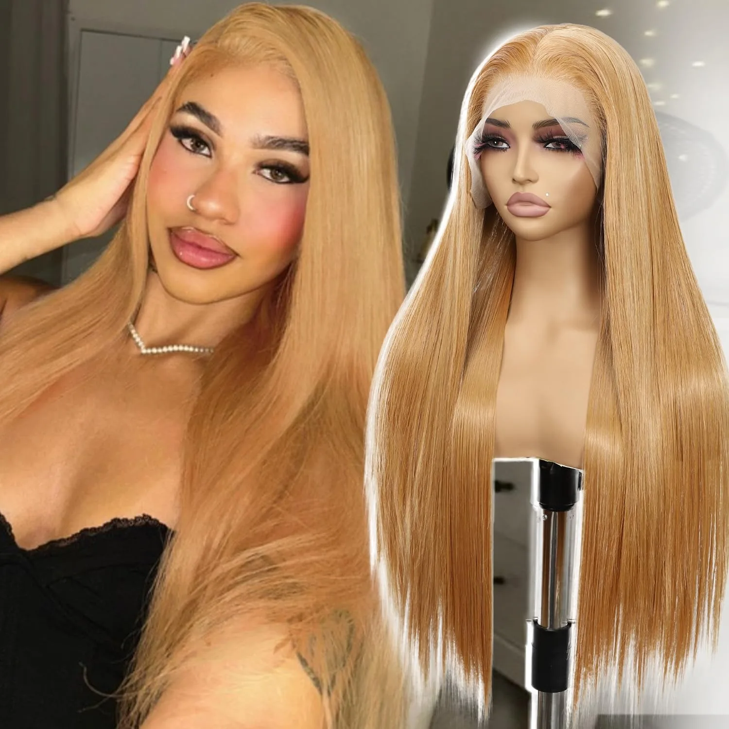 

Honey Blonde Wig Bone Straight Lace Front Wigs 13X4 HD Lace Frontal Wig Dirty Blonde Synthetic Heat Resistant Daily Wear On Sale
