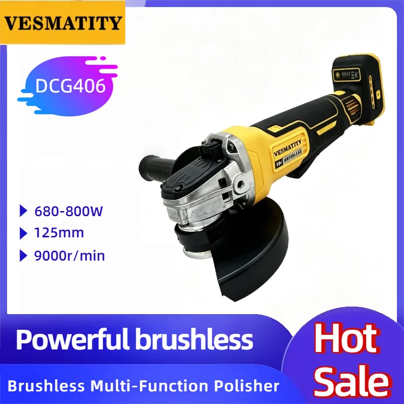 Vesmatity DCG406 Brushless Angle Grinder 125mm 9000RPM Cordless Multifunctional Polishing Cutting Power Tool for DeWALT Battery