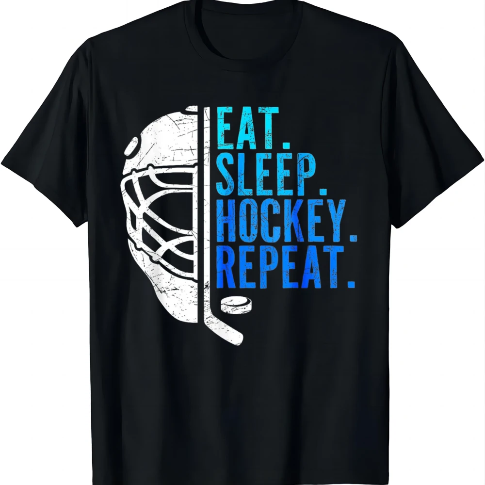 Eat Sleep Hockey Repeat Funny Boys Hockey Player T-Shirt Individuality Men and Women Short Sleeves Summer Tops