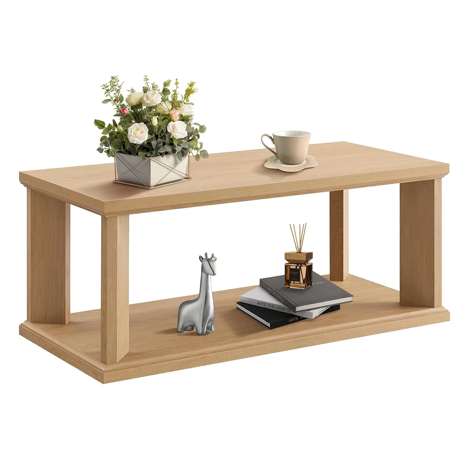 

48" Wood Coffee Table, Large Center Table with 2 Tier Storage Shelves and Thick Legs, Rectangular Living Room Table Modern Farmh