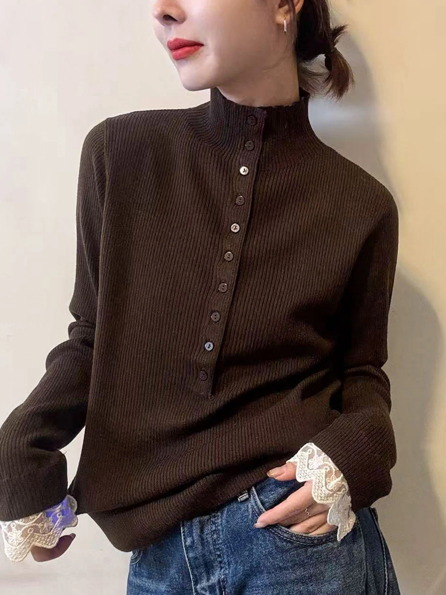 

Lace Splice Long Sve Simple f High Collar Knitted Sweater Winter Skin-friendly Top Slimming Base irt Women
