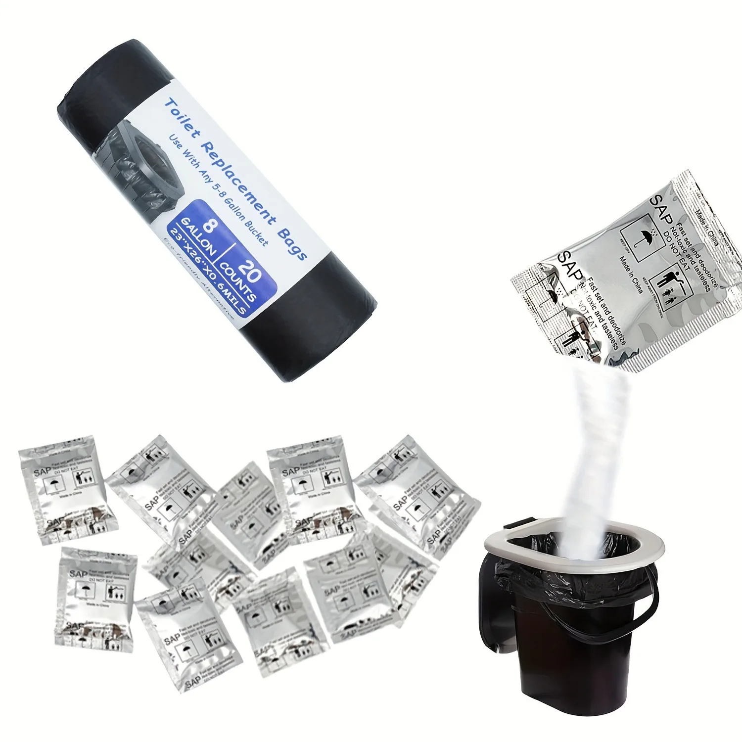 20PCS Portable Toilet Absorbent Gel Packs & 20PCS Camping Toilet Bags, Odor-Free Non-Toxic Leak-Proof for Hiking, Outdoor & Emer