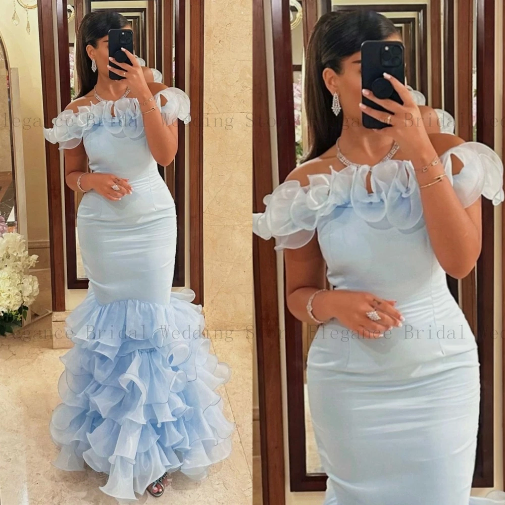 

Sky Blue Ruched Organza Mermaid Prom Dresses for Women Summer Ankle Length Satin Evening Gown Off Shoulder Pleated vestidos