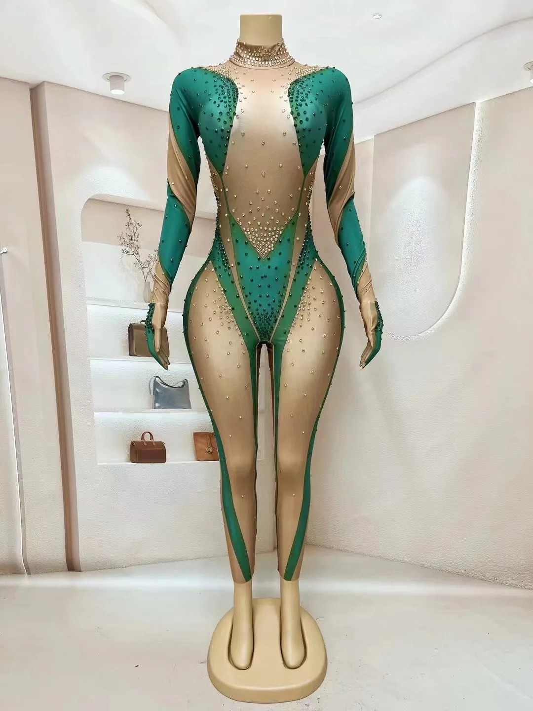 

women fashion greenjumpsuit sexy birthday nightclub singer stage pole dancer dancer clothing leotard stage performance costume