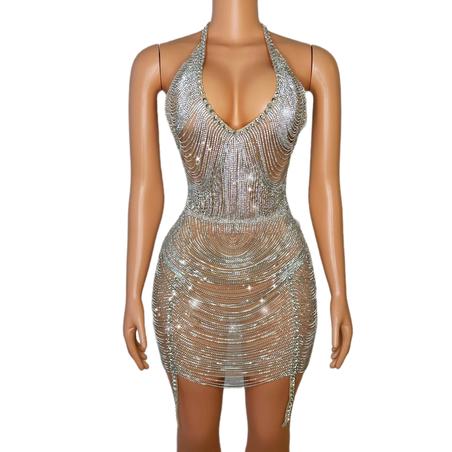 

Yuanpan Elegant Silver Rhinestone Halter Bodycon Mini Dress Deep V Sleeveless Sheer Mesh Evening Party Dress Birthday Prom Gowns