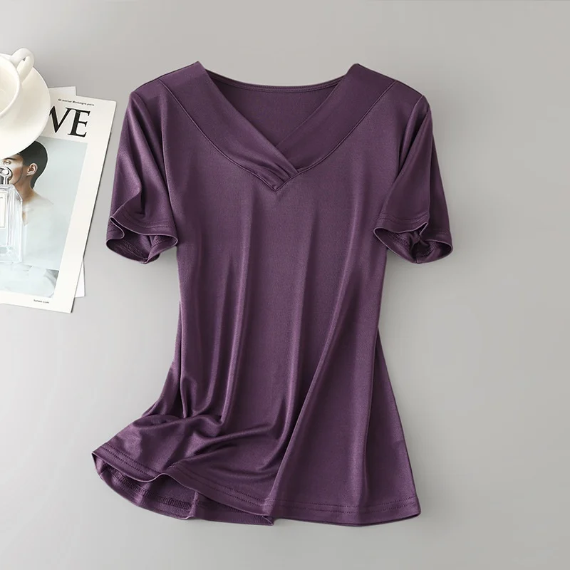 Birdtree, 100% Real Silk Solid T Shirt, V-Neck Soft Casual Tops, Women's Loose Short Sleeve Shirt, 2026 New Clothes T62105JF