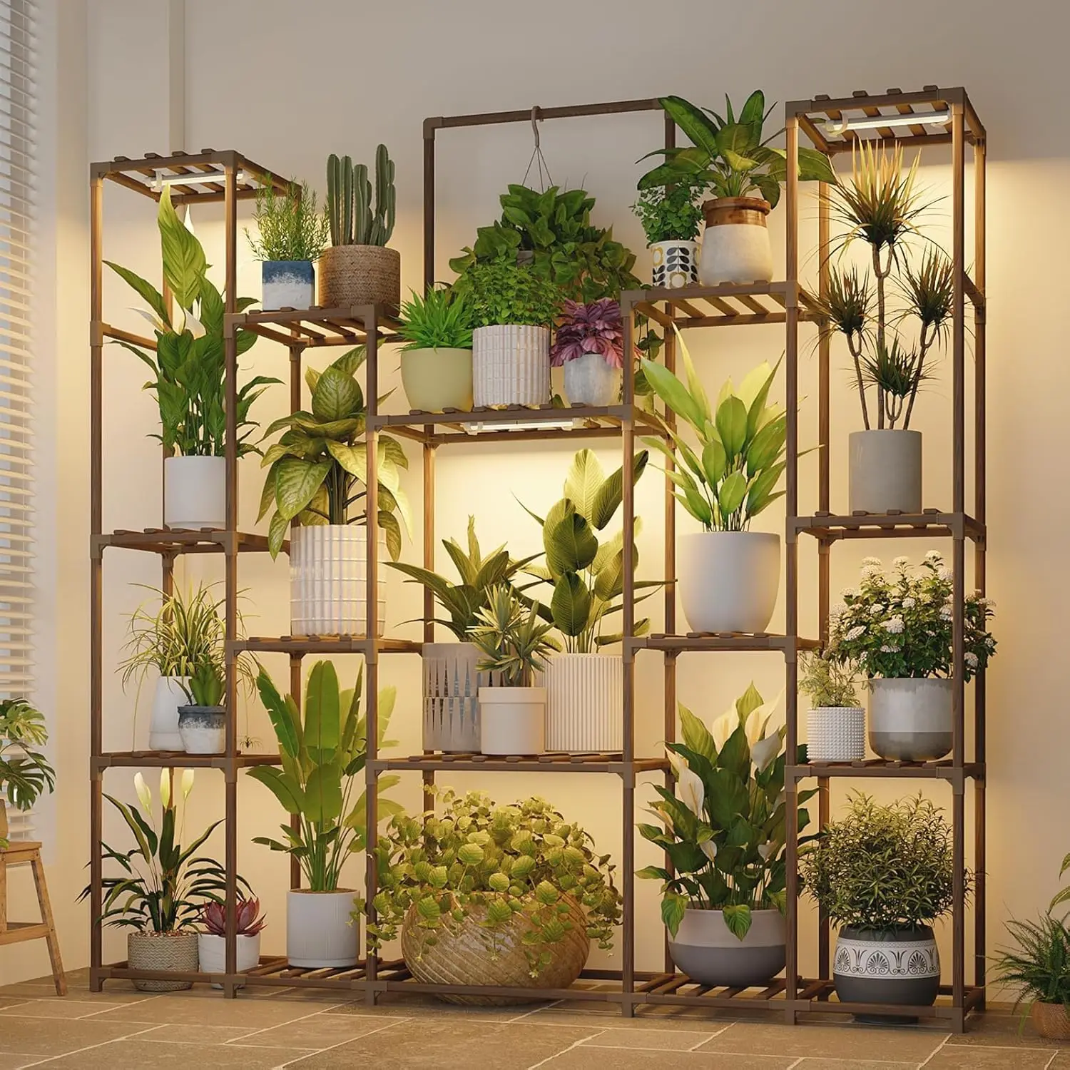 

17-Tier Plant Stand with Grow Lights, Indoor Large Shelf for Multiple Plants, Heavy Duty Wood Rack for Living Room Patio