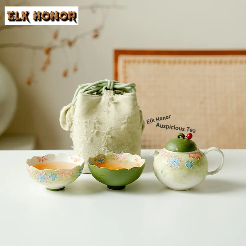 Hand-painted Colorful Flower Travel Tea Set Kit Handmade 1 Pot 2 Cups Tea Maker Organizer Portable Outdoor Stock Bags Collection