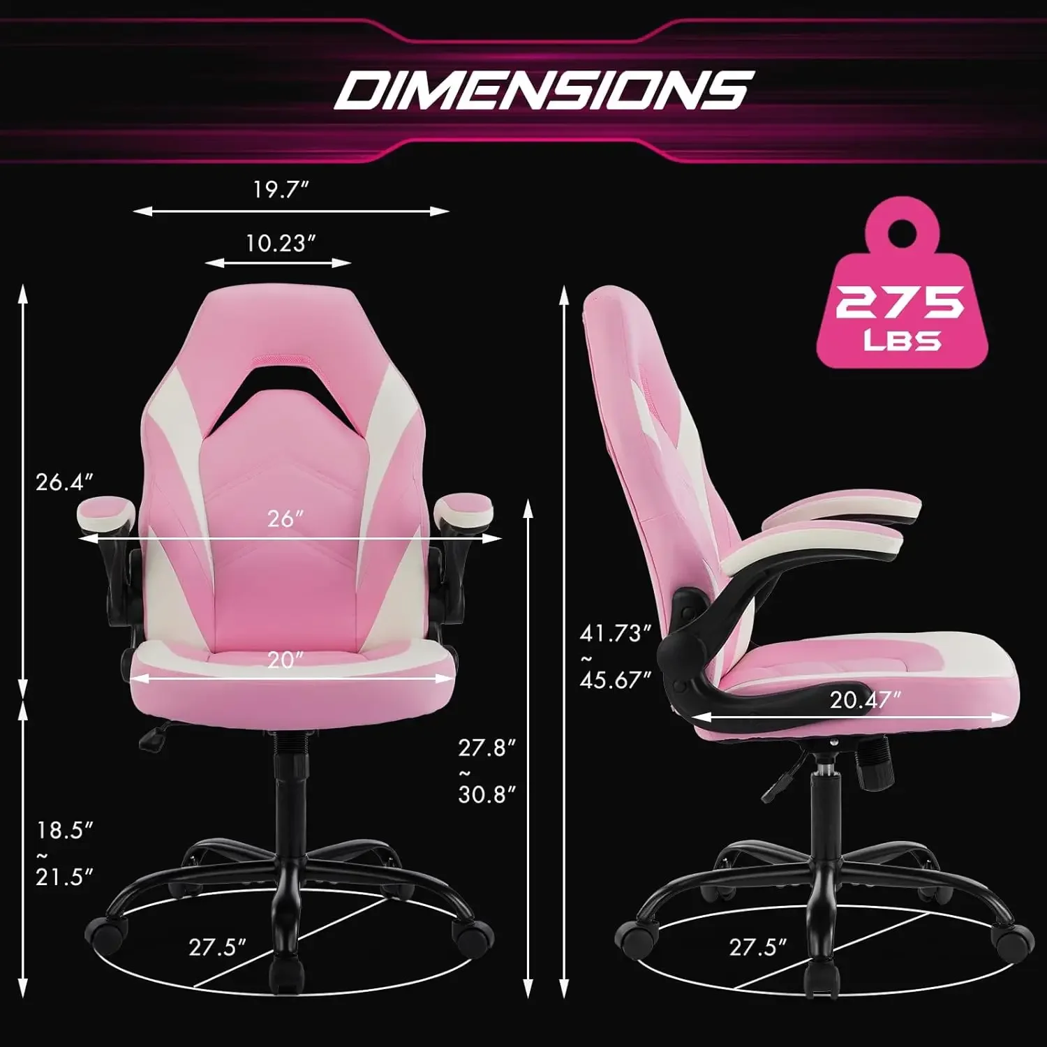 Computer Gaming Desk Chair - Pink Ergonomic Office Executive Adjustable Swivel Task PU Leather Racing Chair with Flip-up Armrest