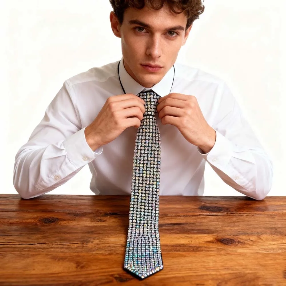 

Locomotive Style Full Rhinestone Tie Choker Geometric Punk Style Long Necktie Necklace Black Pre-tied Tie Women