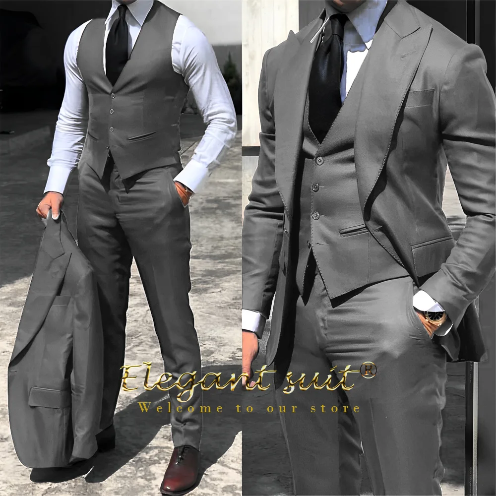 Men's business grey suit 3-piece set (jacket + vest + trousers) advanced custom men's slim office formal suit set