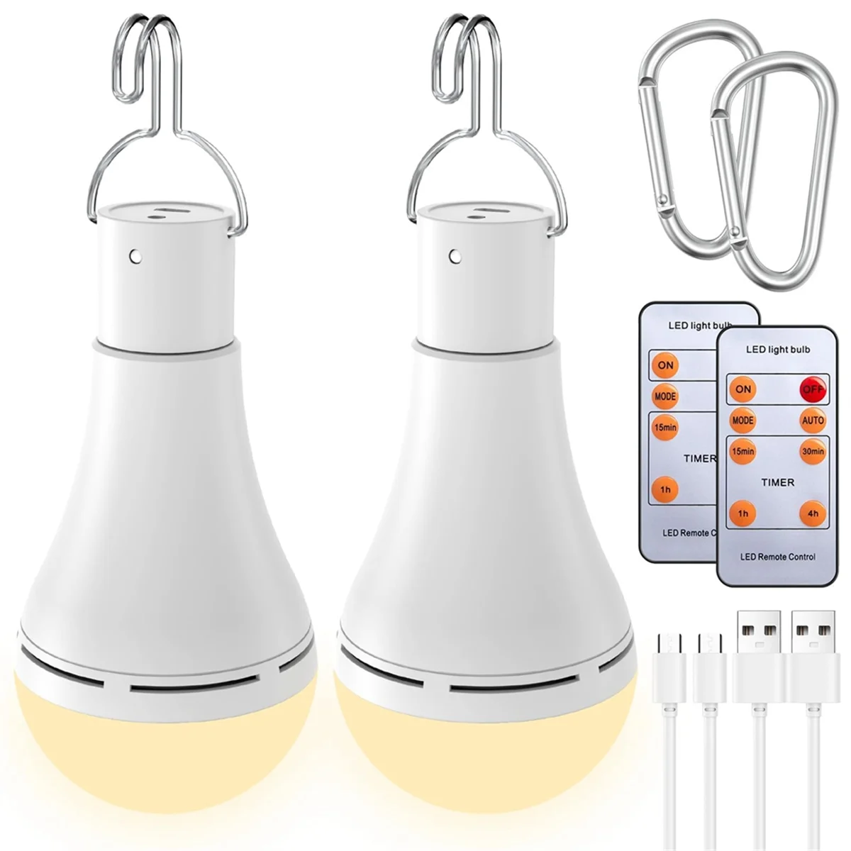 ABBO-USB Rechargeable Light Bulb with Remote for Home Power Outage, Hanging LED Light Bulb with Hook for Outdoor 2 Pack