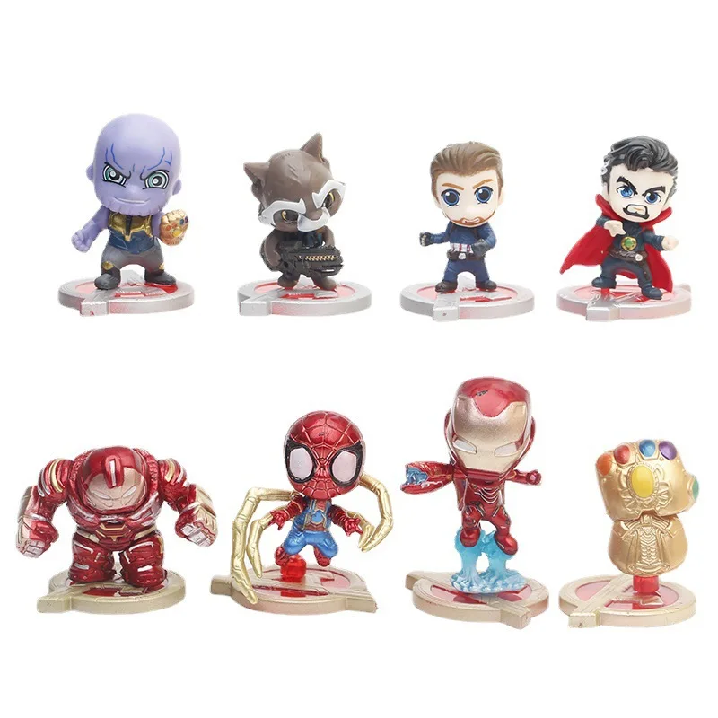 8Pcs/Set Marvel Avengers Q Cute Super Heros Spiderman Ironman Hulk Thanos Venom Action Figure Mini Model Toys Desktop Decoration