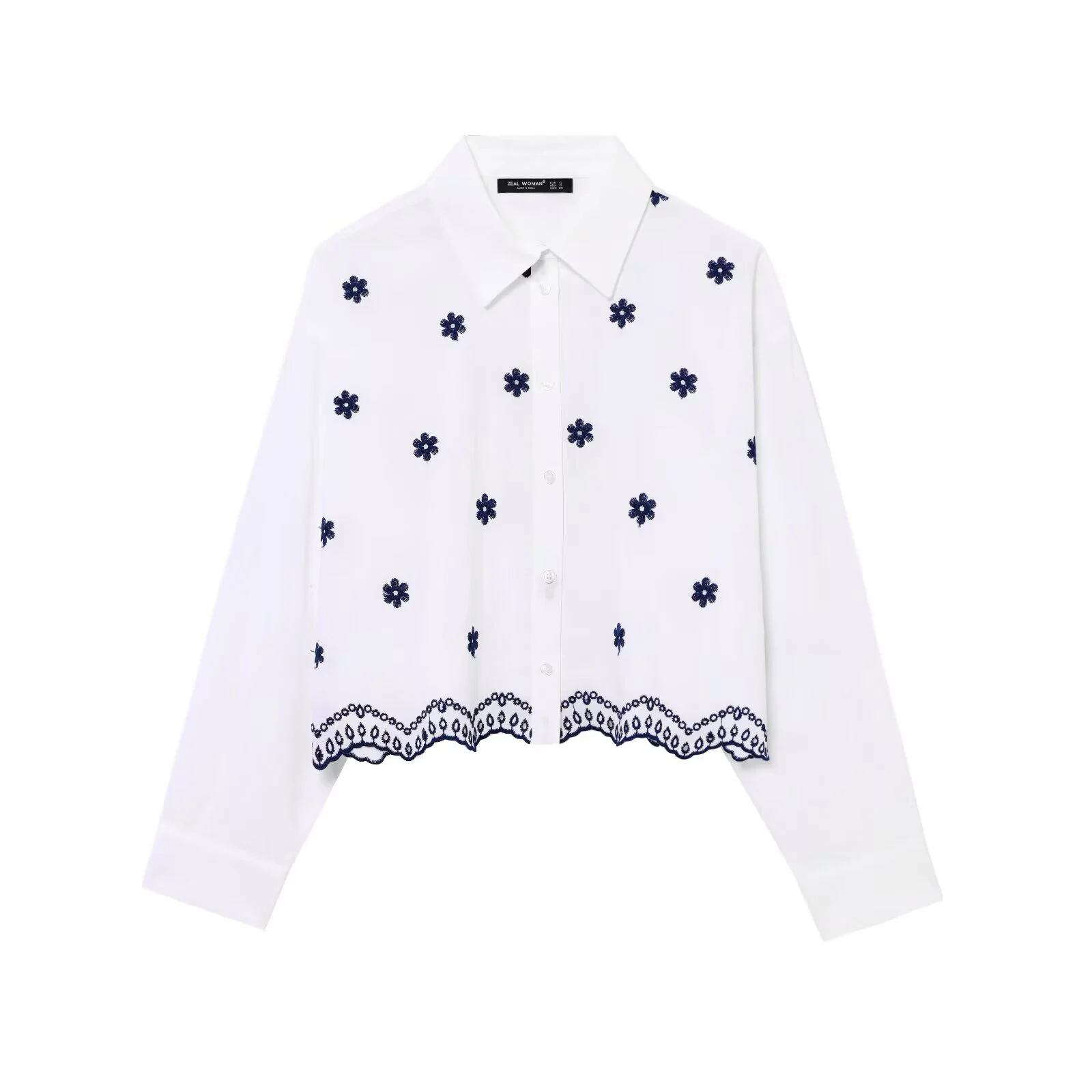 

Summer New Women's Clothing Fashionable Temperament Casual Flower Embroidery Poplin Lapel Long Sleeved Shirt