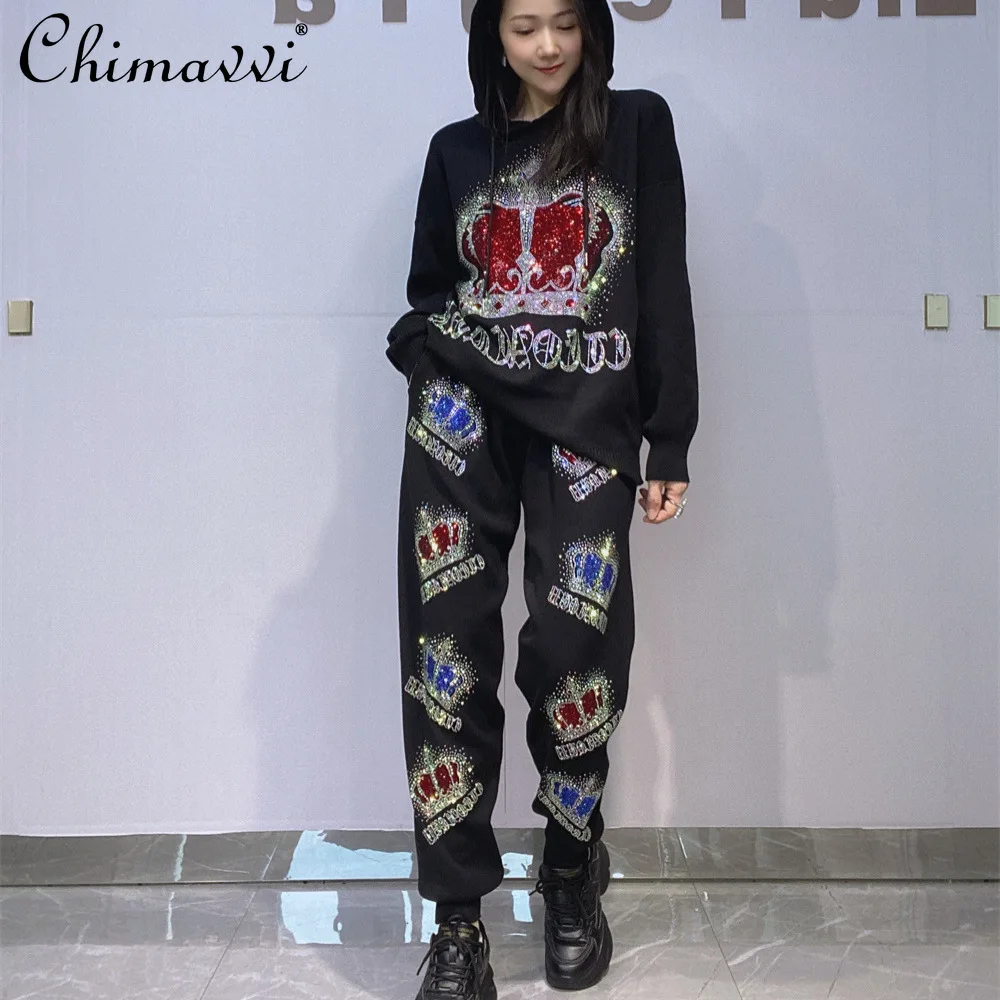 

Fashion Knitted Set for Women Autumn New Hooded Long Sleeve Top + Long Pants Casual Oversized Rhinestone Sportswear 2Piece Set