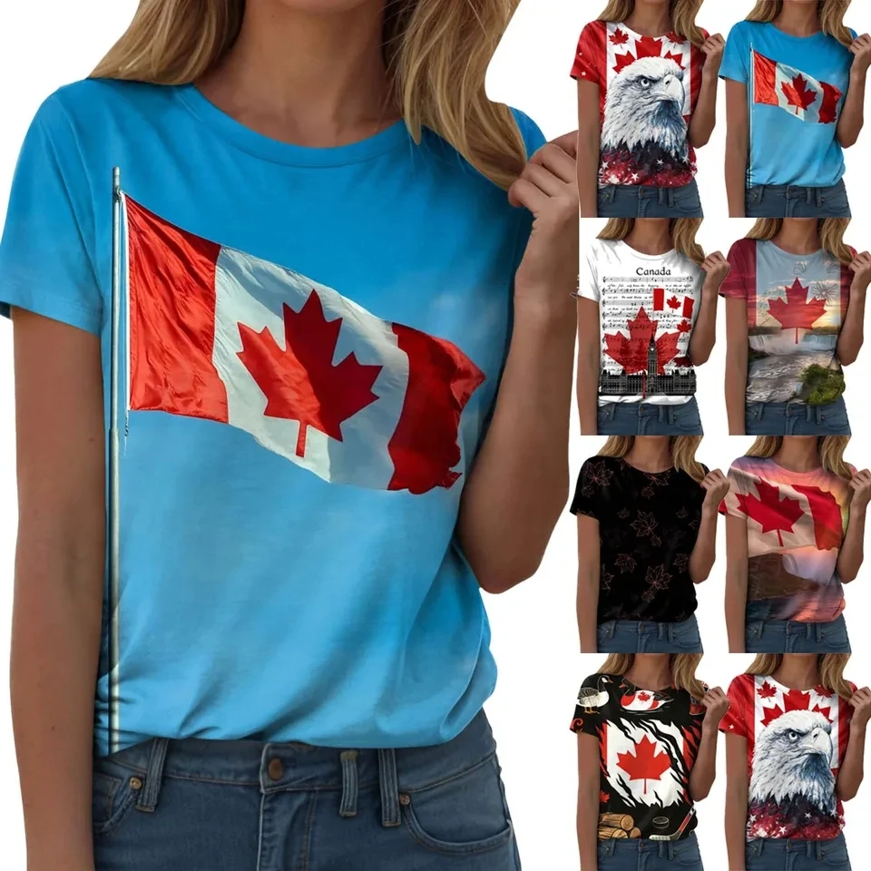 

New Canadian Maple Flag Printed Women's T-Shirt Summer Round Neck Loose Short Sleeve T Shirts Summer Casual Trendy Daily Tops