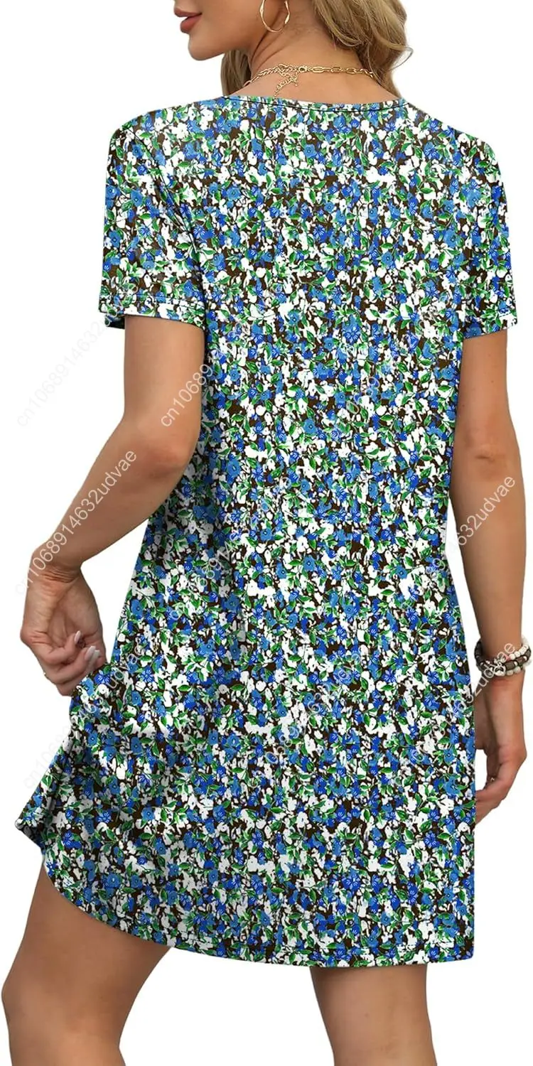 Robes d'été pour femmes, ample, col en V, manches courtes, t-shirt décontracté, robes d'été, couverture de maillot de bain avec poches, 2025