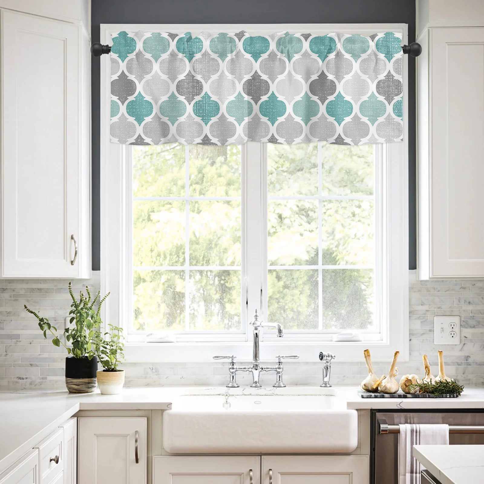 ZEDLIYU Valances for Windows Kitchen Living Room Small Window Valance Geometric Rustic Quatrefoil Lattice Grey 1 Panel