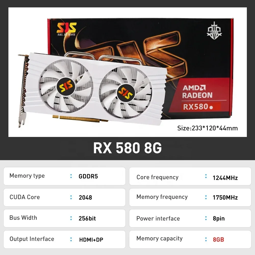 Wholesale RX 580 SJS White 8G GDDR5 PC Gaming AMD Radeon placa grafica RX580 8GB 2048SP