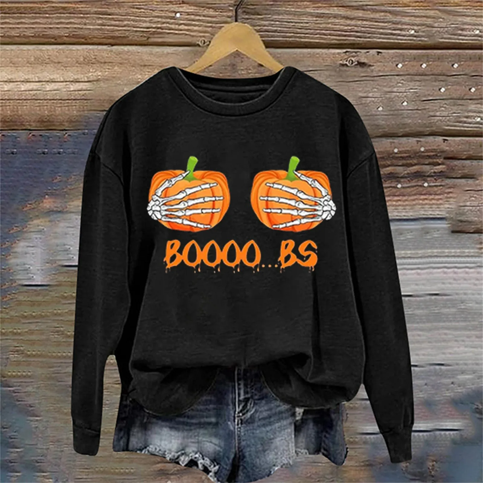 BOOOO BS Fun Pumpkin Skull Gesture Printed Ladies Fashion Hoodie Crew-Neck Long-Sleeved Loose Casual Hoodie Sweatshirt