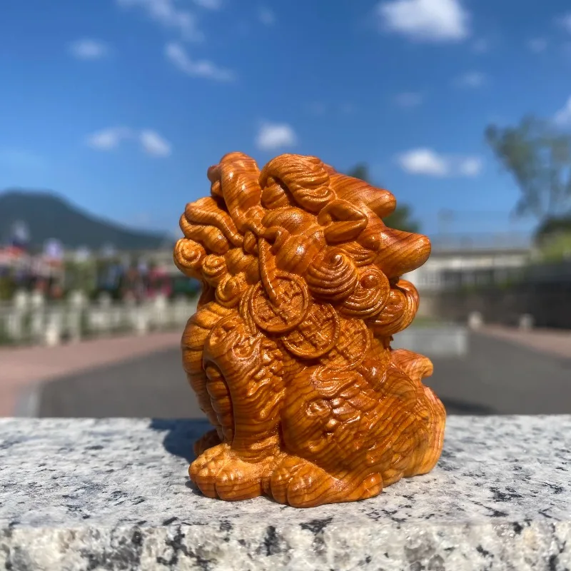 

Exquisite Chinese Kirin Wood Carving, Wealth-Attracting Auspicious Beast Figurine, Home & Office Decor Hand Pouch Statue
