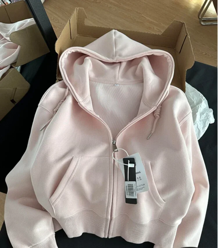 Pink Lazy Style Jacket Short Style Niche Loose Hooded Cardigan Sweatshirt Women's Autumn New Soft and Sticky Zipper Top