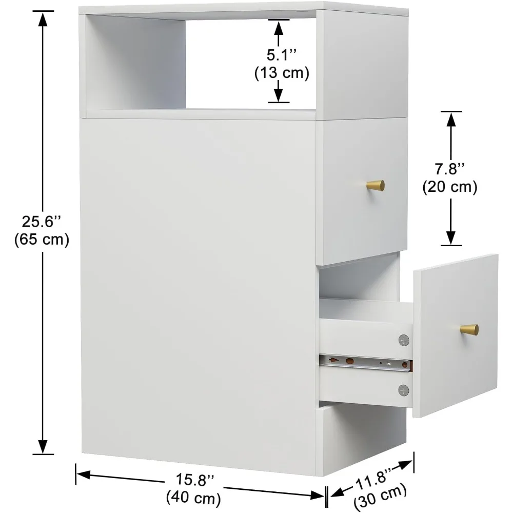 Bedroom Bedside Table 3 Tiers Modern Night Table for Bedroom Storage Furniture (Right Angle) White Nightstand With Two Drawers