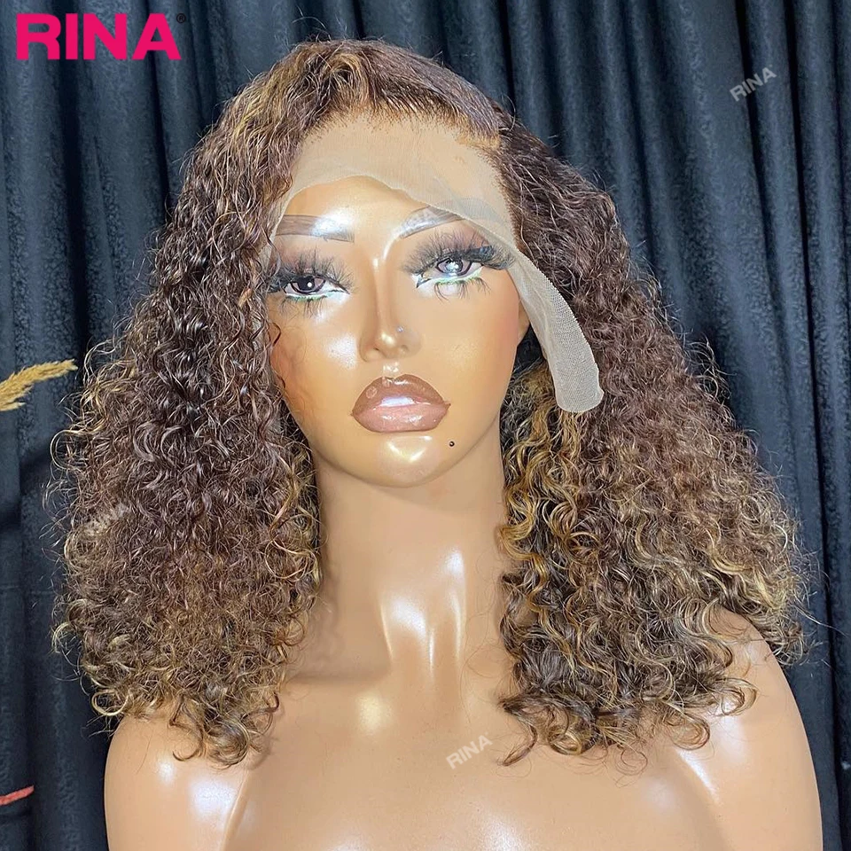 

Brown Blonde Color Afro Kinky Curly Transparent Human Hair Wigs 13x4 Lace Frontal wigs 180 Density Short Bob Wig Curly For Women