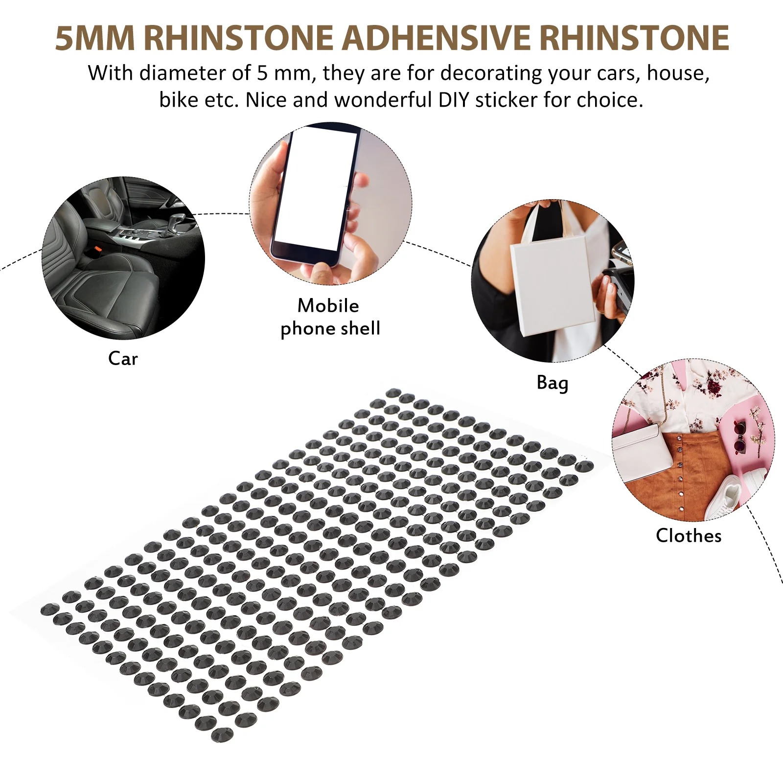 234pcs 5mm Crystal Self-adhesive Rhinestones Rhinestone strip DIY Sticker (Black) 5mm rhinstone Adhensive rhinstone