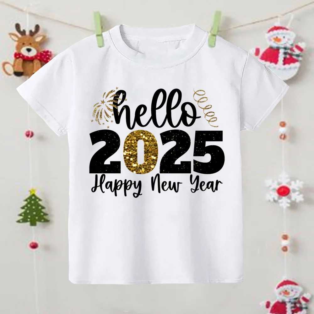 Hello 2025 Happy New Year Print Child T-shirt Boys Girls Outfits Clothes Winter Holiday Party Kids T Shirt Short Sleeve Tops Tee