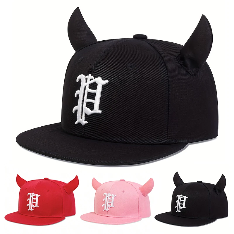 Fashion Hip Hop Baseball Cap P Letter Embroidery Hip Hop Cap Men Trucker Caps Cute Horns Sports Sun Hat Cotton Snapback hats