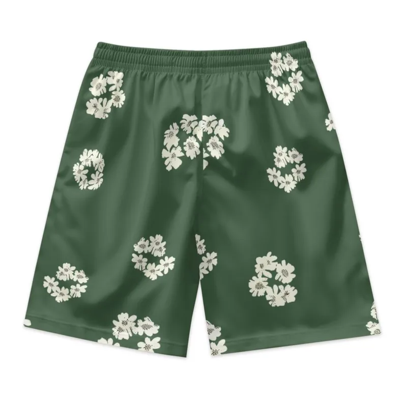 Little Flowers Print Men's Green Drawstring Waist Shorts Quick Dry Breathable Polyester Sport Shorts Streetwear Shorts