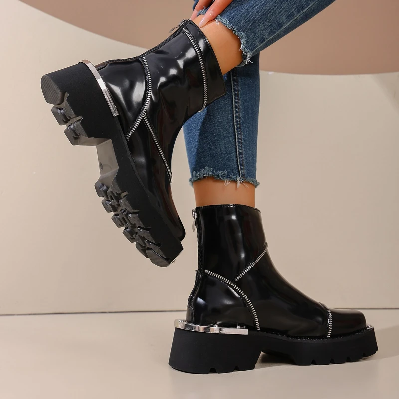 ربيع الخريف الأحذية الحديثة موضة زخرفة المعادن النساء Bootie سميكة وحيد كعب مربع أحذية مريحة الظهر سستة حذاء بوت بطول الكاحل #6