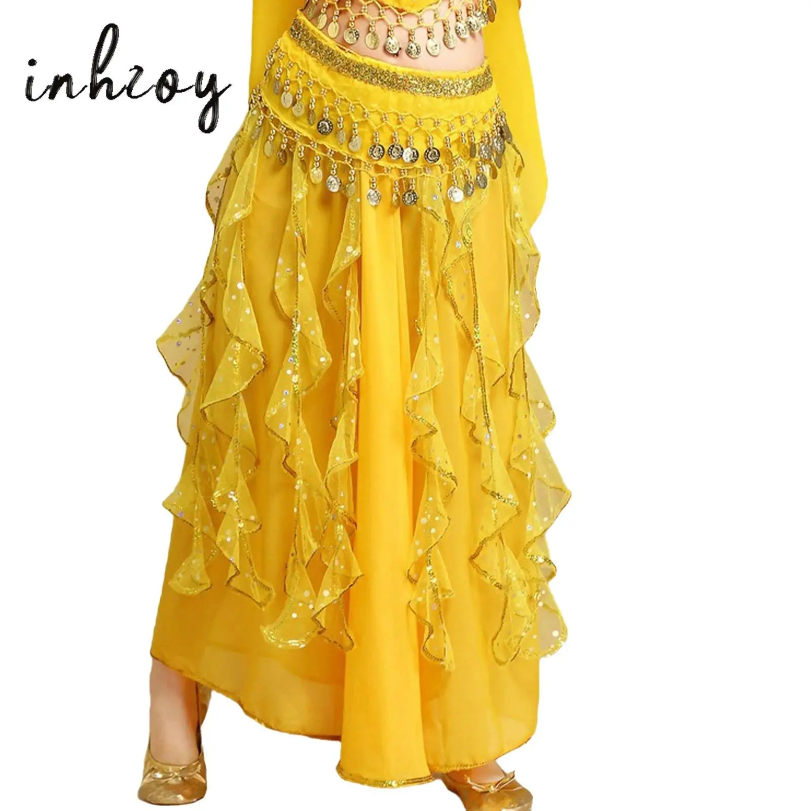 

Kids Girls Belly Dance Skirt Sparkly Sequins Overlay Drapes Hip Scarf Skirt Wrap Theme Party Carnival Stage Performance Costume