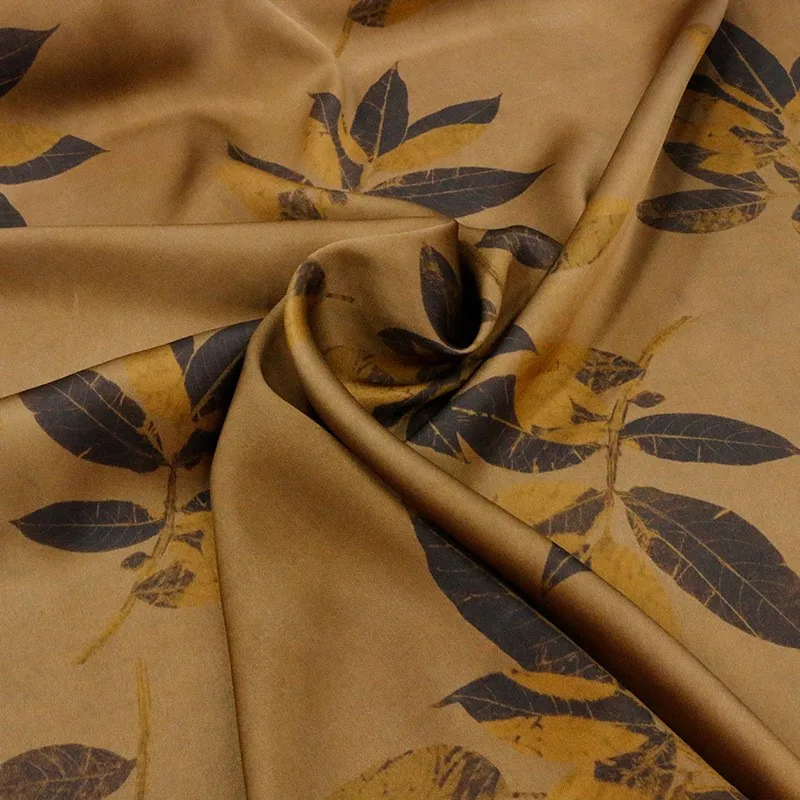 

Coffee Ground Maple Leaf heavyweight silk double-sided satin fragrant gauze digital printed fabric clothing designer