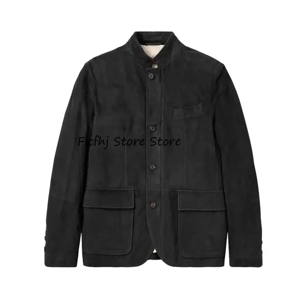 

Мужская куртка, модный пиджак, замшевая ткань, повседневные однобортные куртки для мужчин, карманы с клапанами, воротник-стойка, костюмы, блейзер