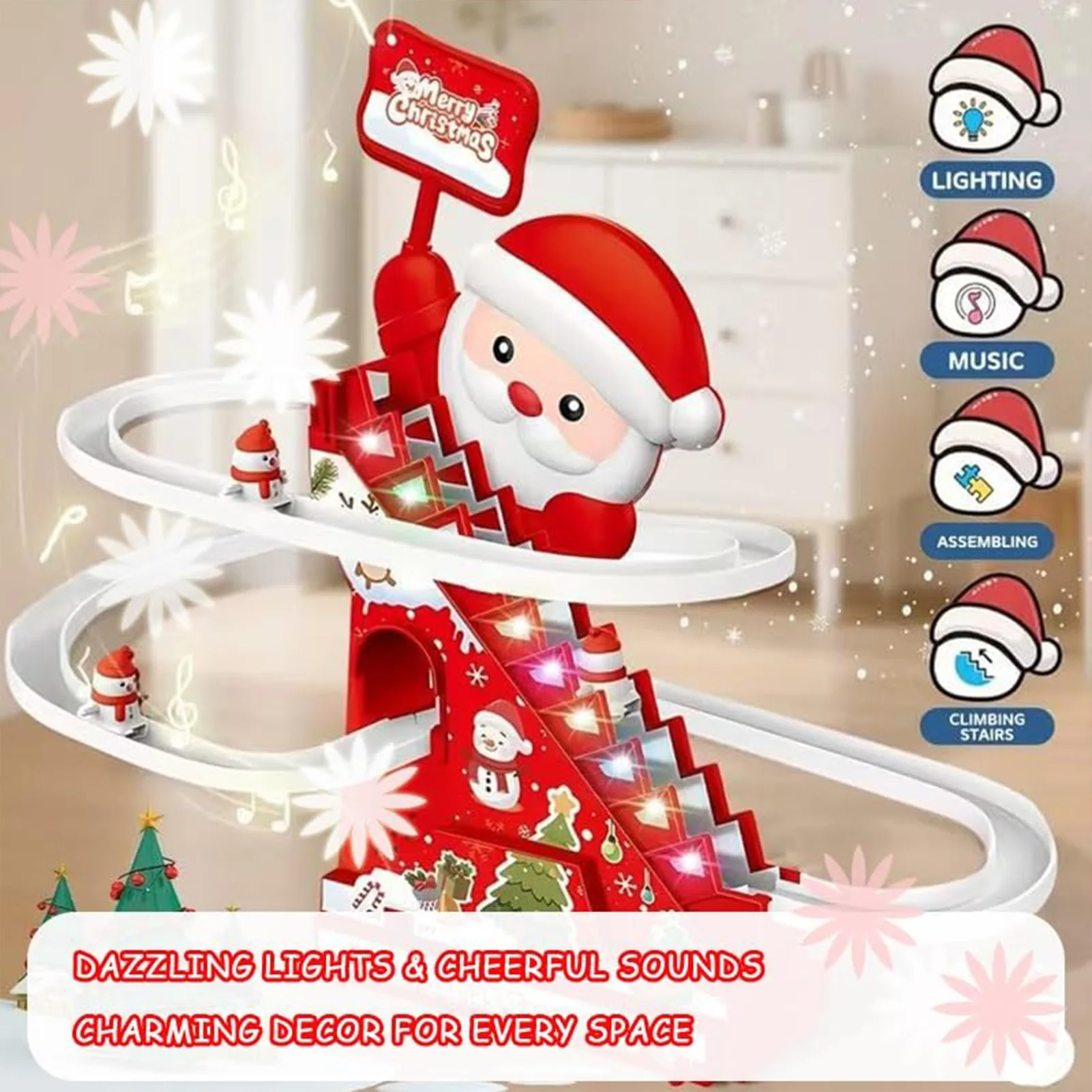 

Santa Claus Electric Track Building Toy with Lights and Music Automatic Stair Climbing Function Educational Christmas Gift for