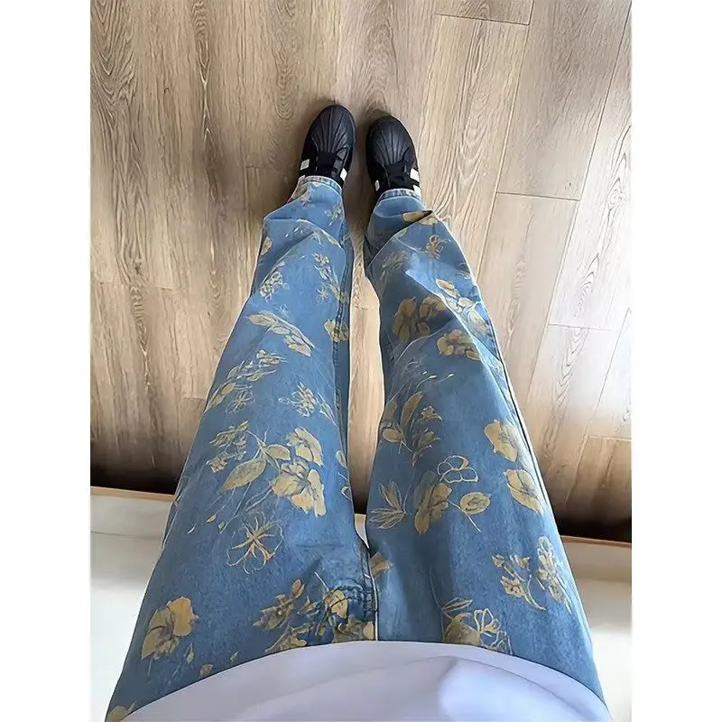 

Американские цветные блузки с принтом, свободные джинсы, мужские осенние модные дизайнерские утягивающие брюки-колокольчики, прямые хлопковые джинсы