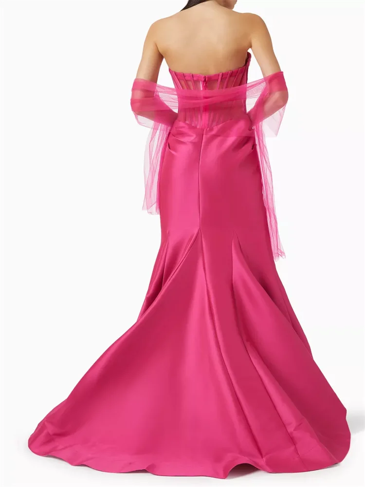 Customized Elegant Pink Hollow Pleated Fishtail Tulle Shawl Evening Dress Strapless Tight Ribbed Bra Top Central Hollow Dress