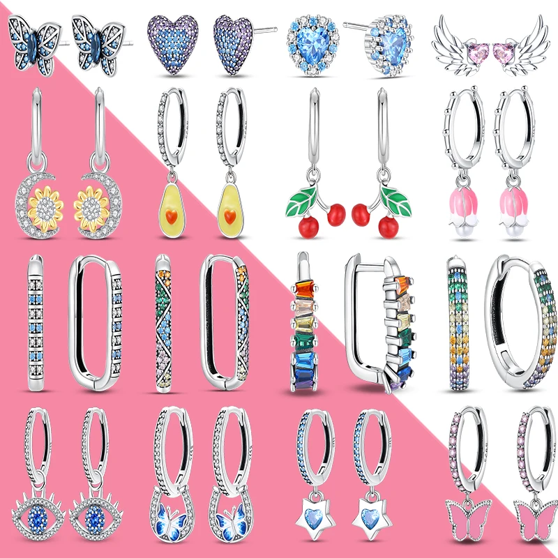 Fashion 100% 925 Sterling Silver Earrings Daisy Pave CZ U Shape Blue Zircon Jewelry For Sparkling Hoop Earrings Wedding