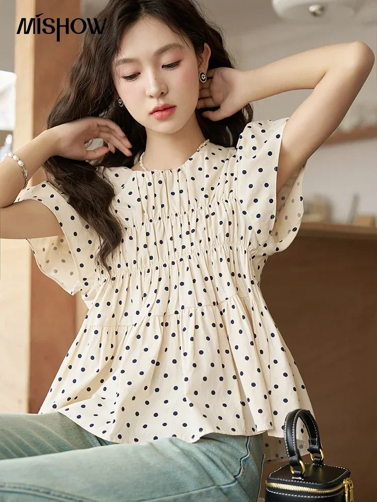 MISHOW Polka Dot Blouses for Women 2023 Summer French Flying Sleeve O Neck Elastic Folds Loose Retro Female Doll Top MXC39X1291