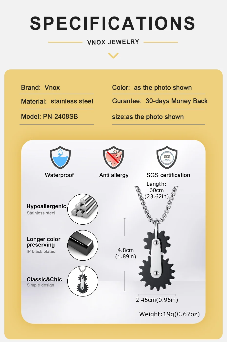 Vnox Drehbare Zahnrad-Anhänger-Halskette für Männer, Edelstahl-Kastenkette in Schwarz und Silber, Punk-Biker-Mechanik-Schmuck, Geschenk – Detail 4