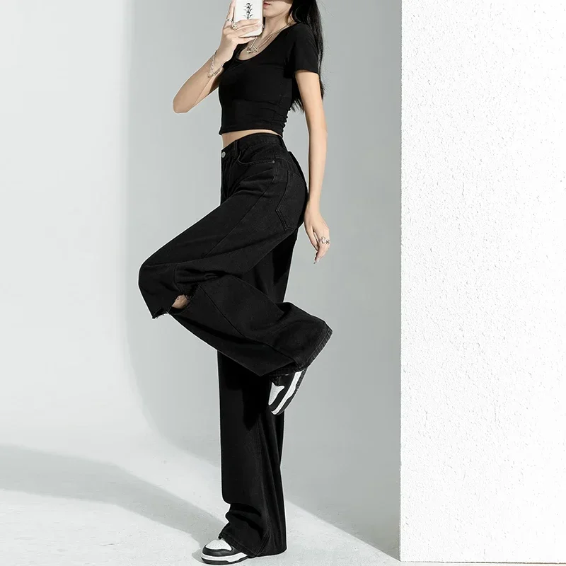 2024 neue Herbst Schwarz Zerrissene Breite Bein Hosen für Frauen Hohe Taille Gerade Bein Jeans High Street Stil Denim Hosen