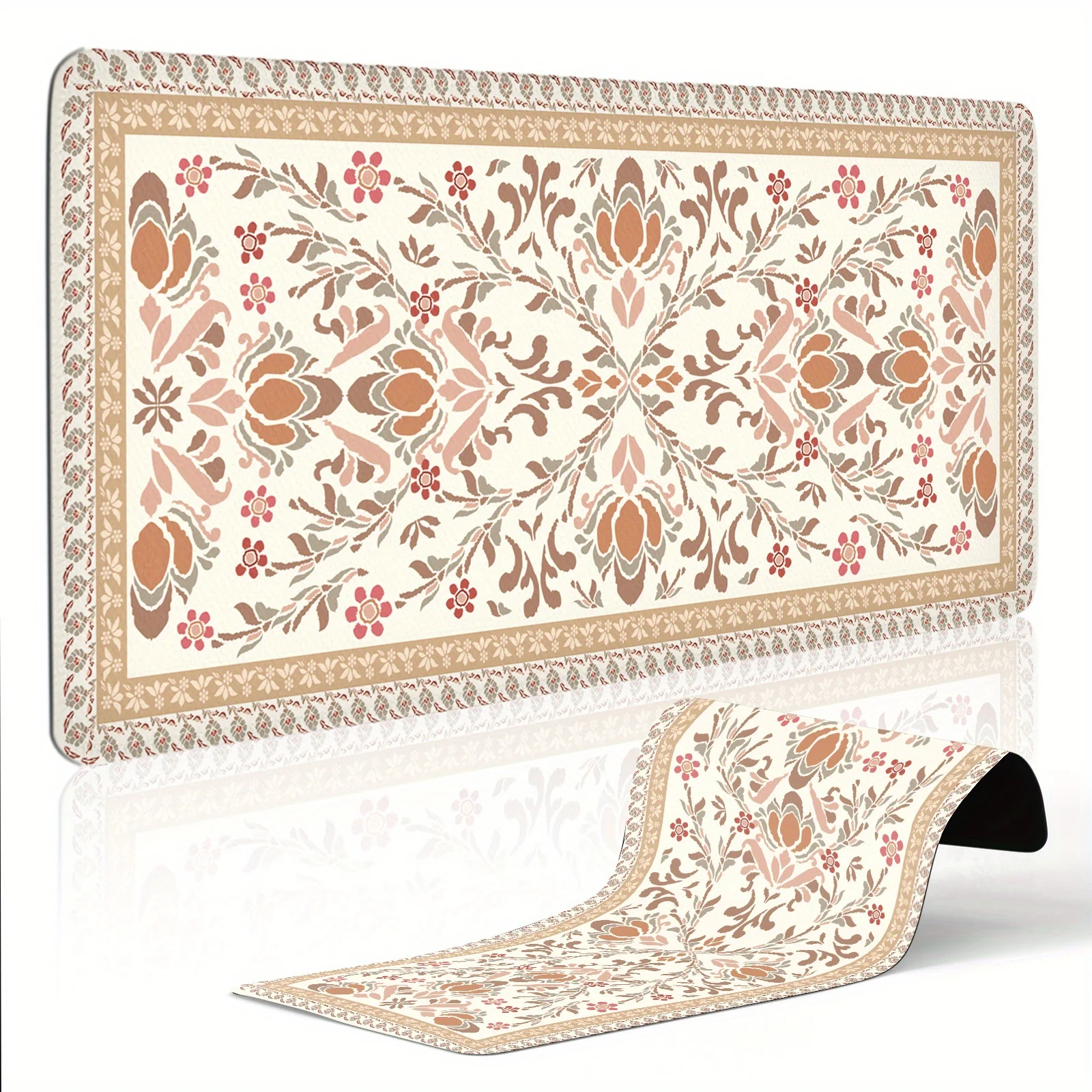 

The mouse pad features symmetrical floral patterns and warm tones, providing a protective pad for office computer desks
