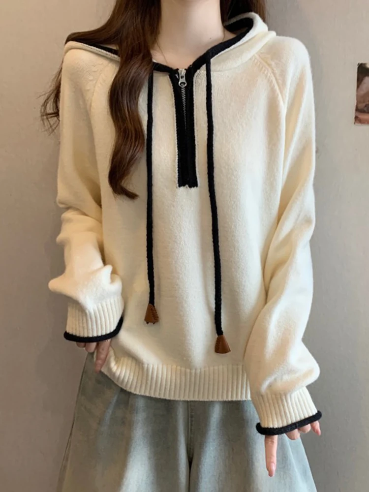 

Color Blo Long Sve Knitted Hoodie Women's Spring Loose Slimming Base irt Casual Sle Travel Outdoor Home Wear