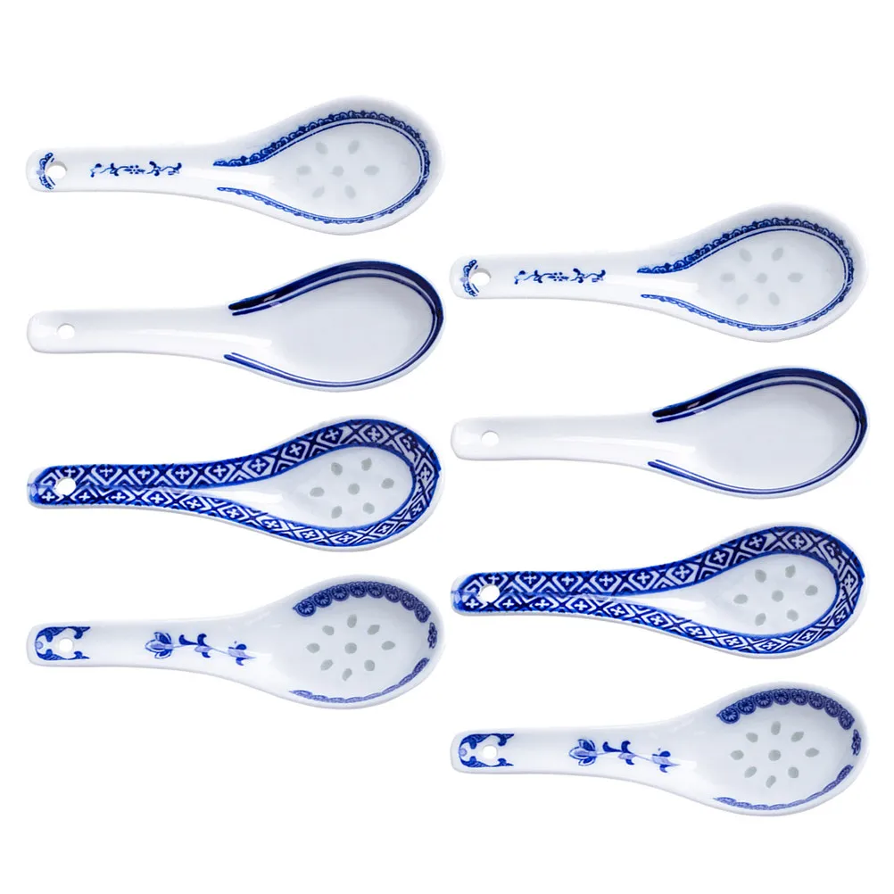8 cucharas de sopa chinas de porcelana y cerámica, con diseño floral azul, tradicionales asiáticas, para ramen, dumplings y wontons