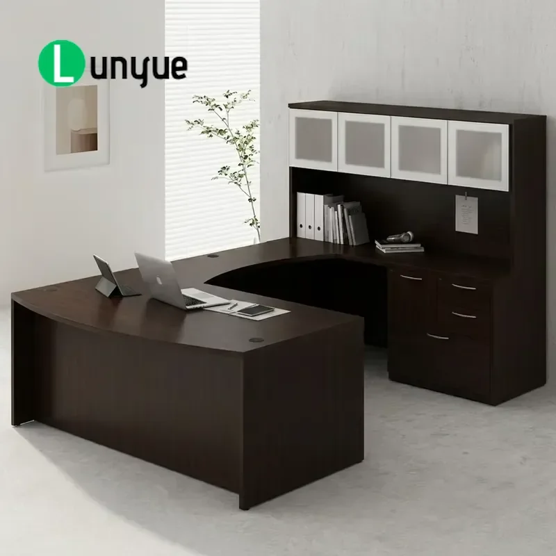 U Shaped Executive Desk Set with Drawers Back Wall Cabinet Bookcase Classic Wooden Office Furniture for Home Study