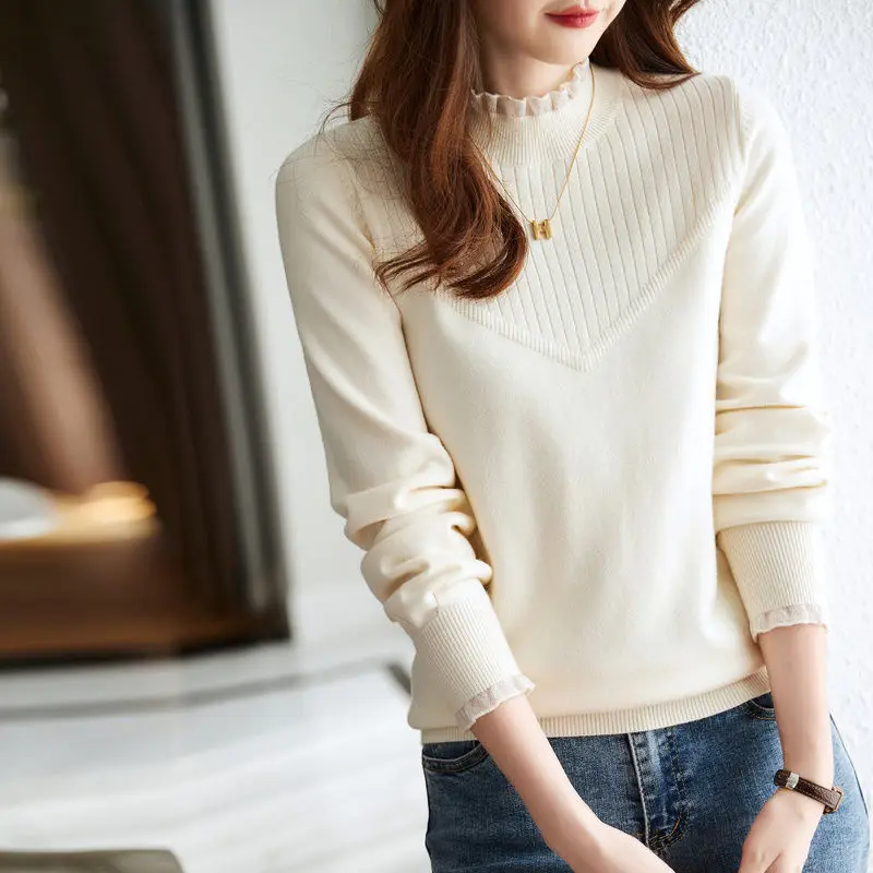 

Свитер женский, пуловер, вязаный топ, джемпер с высоким воротником и оборками, трикотаж, трикотажные топы, осень-зима 202, офисные женские туфли